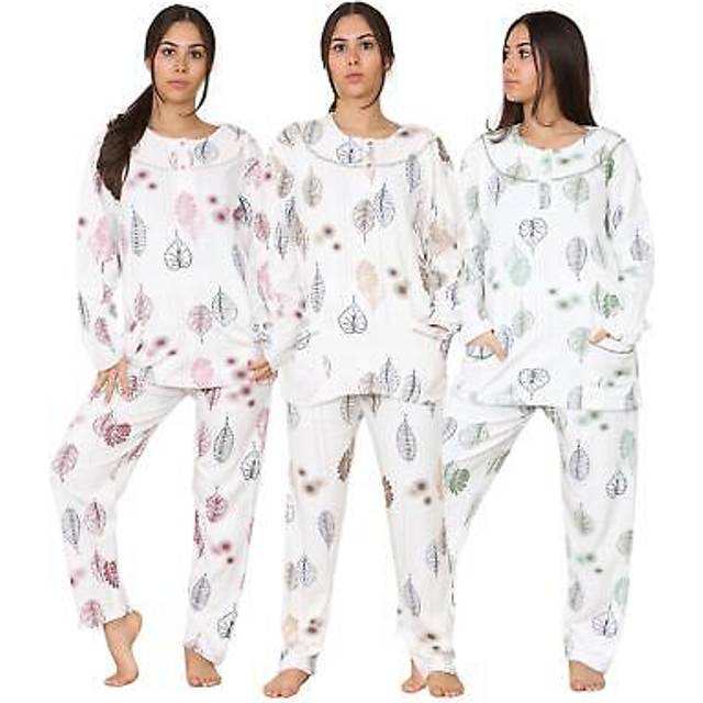 (Brown, L) Malay Ladies Pyjama Set Long Sleeve Button Pockets Floral Thermal Warm Soft Loungewear