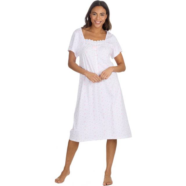 (Pink Floral, 10-12) Womens 100% Cotton Short Sleeve Nightdress With Lace Square Neck Trim Knee Length Nightshirt Size Uk 10-24