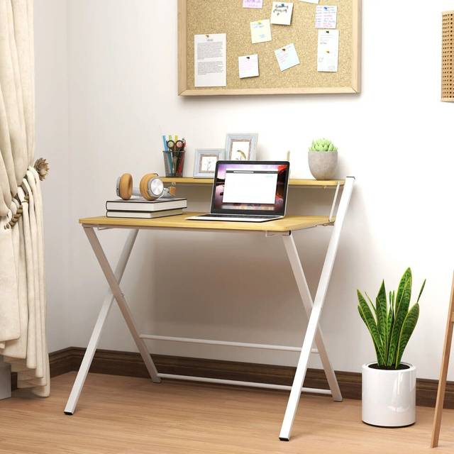 HOMCOM Compact Folding Desk for Small Spaces, Foldable Computer Desk with Storage Shelf for Home Office, 86 x 66 x 82 cm, Maple Wood-effect