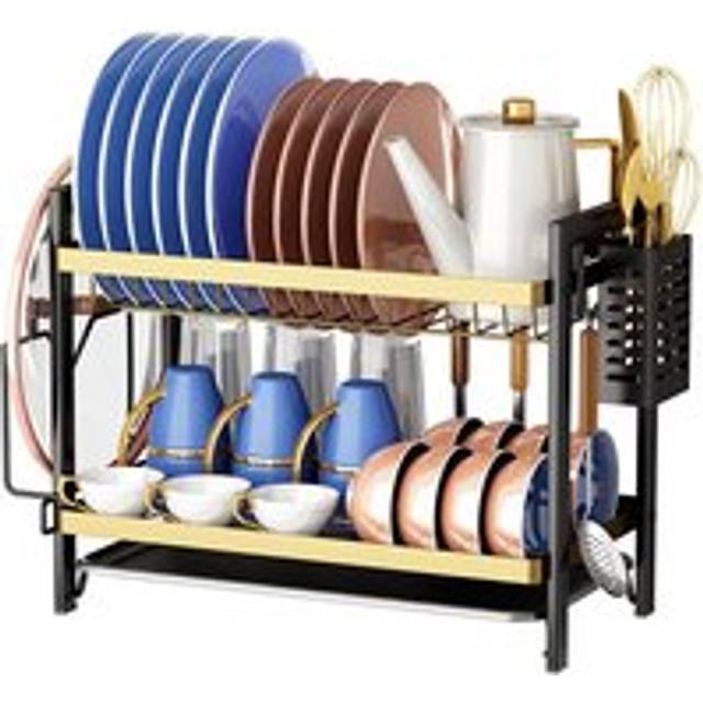 Ikodm - Sink Drainer Basket Large Black Over Sink Dish Drainer, 2 Tier, with Drip Tray and Cutlery Holder for Dishes - Black + Gold