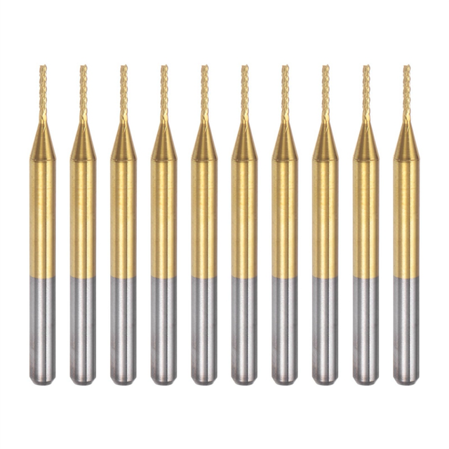 10PCS Titanium Coat Carbide End Mill Engraving Milling Cutter CNC Router Bits for PCB Machine, 1/8 Inch Shank 0.9Mm