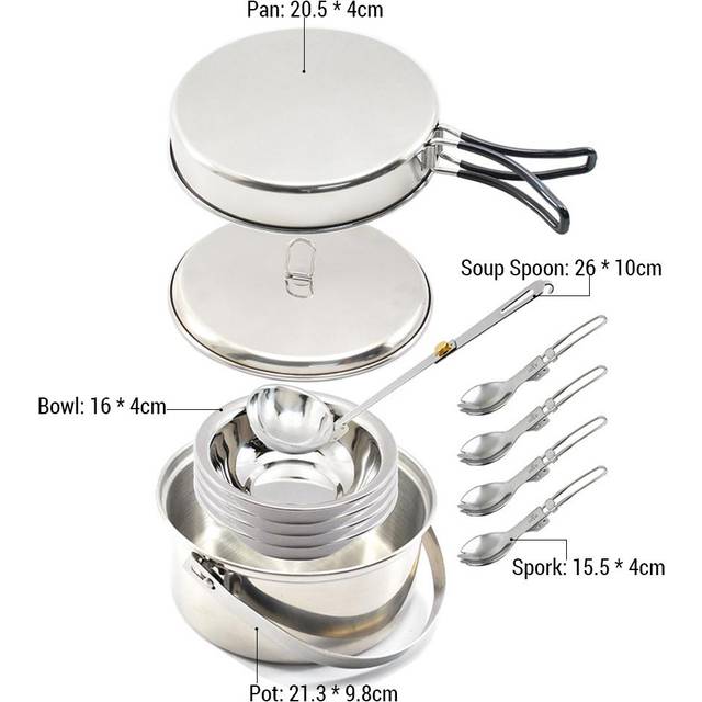 Camping Cookware Mess Kit for 4 Persons Stainless Steel Cooking Set with Pot Pan Soup Spoon Bowls silver
