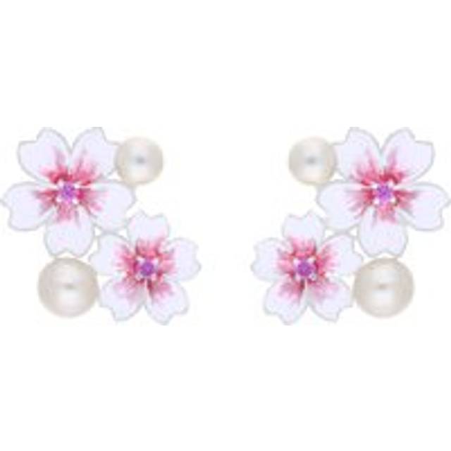 Sterling Silver Pearl & Pink Sapphire Double Cherry Blossom Stud Earrings