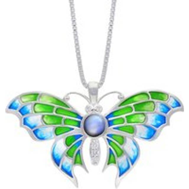 Sterling Silver Blue Green Enamel with Diamond & Blue Moonstone Butterfly Pendant