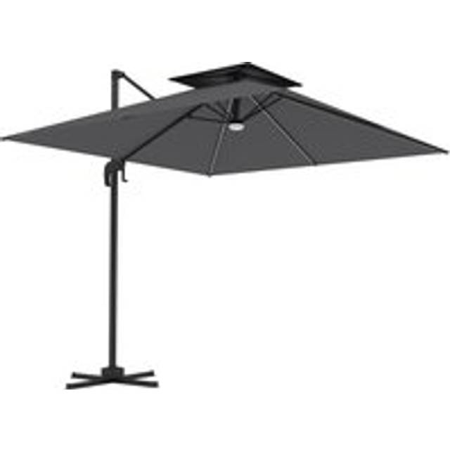 Outsunny 2.5m Cantilever Parasol with Solar Powered LED Lights, Double Top Square Overhanging Garden Parasol with 360 Rotation, Tilt Adjustment, Cran