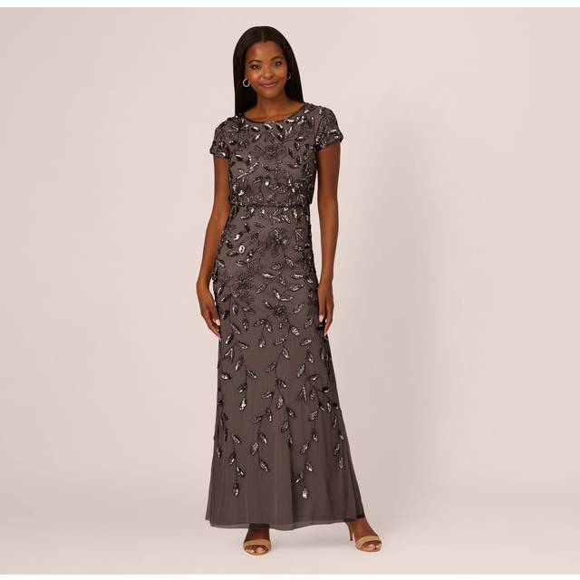 Blouson Short Sleeve Beaded Long Dress In Lead - 10