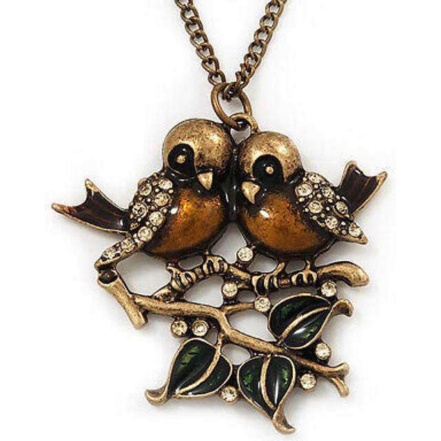 Vintage 'love birds' pendant necklace in antique gold finish - 46cm length (6cm