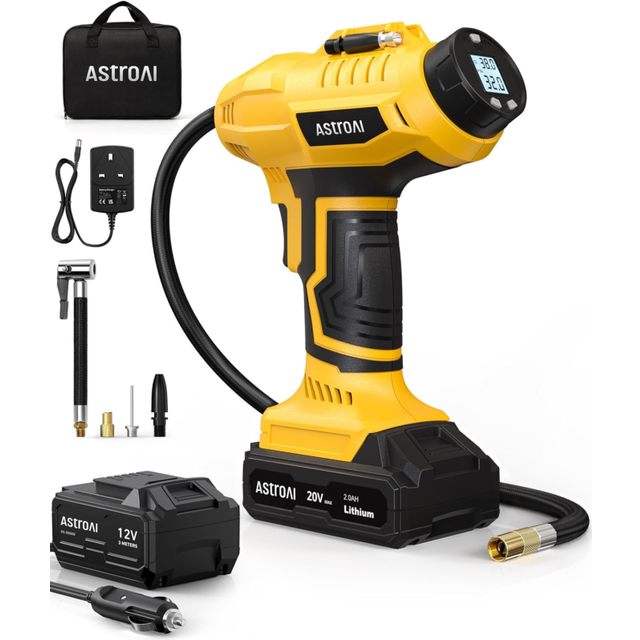 AstroAI Cordless Tyre Inflator Air Compressor,20V Rechargeable Battery Powered 160PSI Portable Handheld Pump with 12V Power Adapter