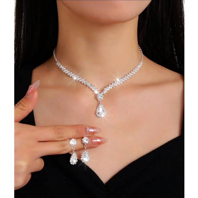 Uk women ladies fashion silver jewelry necklace drop earrings set wedding gift