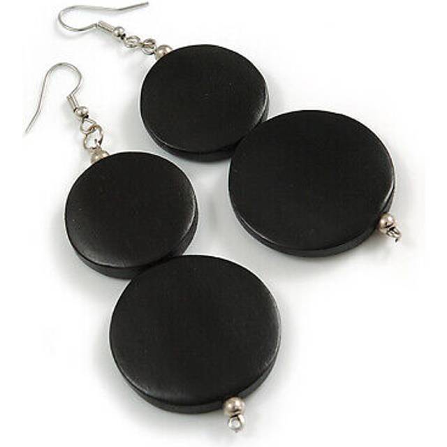 Long black painted double round wood bead drop earrings - 8cm l