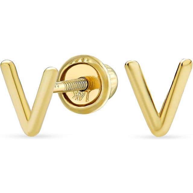 ABC Minimalist Real Yellow 14K Gold Capital Block Alphabet Letter Initial V Stud Earrings Safety Ball Screw Back For Teen For Women gold