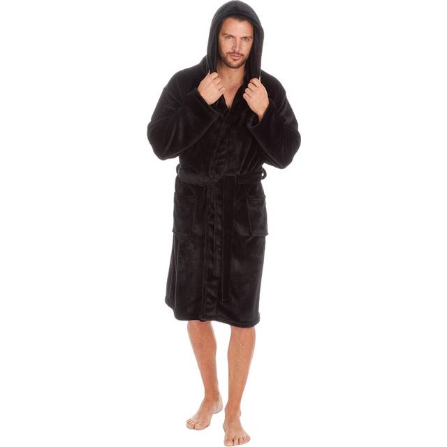 (Black, XX-Large) Mens Dressing Gown With Hood Luxury Bathrobe Plush Fleece Nightwear Knee Length Short Size M L Xl Xxl Medium Large X-Large Xx-Large