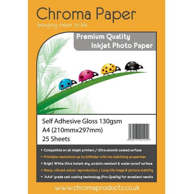 Chroma - A4 Fully Self-Adhesive High Gloss Inkjet Photo Paper - Premium Grade 130gsm (25 Sheets)