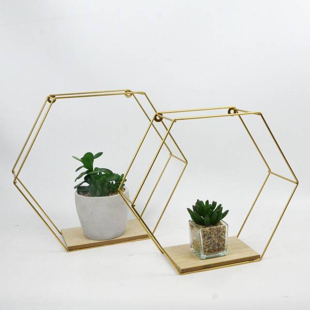 Set of 2 Metal Wired Hexagon Wall Floating Shelves Elegant Design G-0355