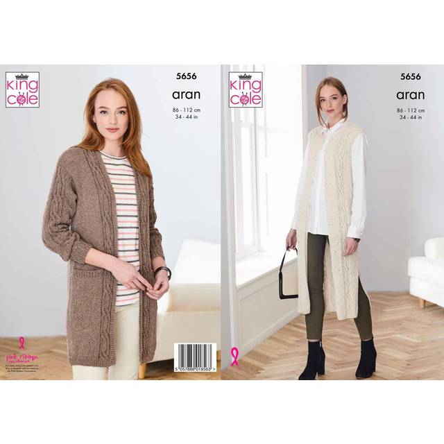 Knitting Pattern Ladies Long Cable Jacket and Long Cable Waistcoat in Forest Aran 5656 King Cole