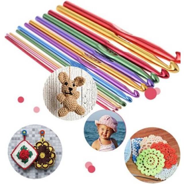 12 multi coloured aluminium crochet needles hooks 2mm-8mm set knitting stitches