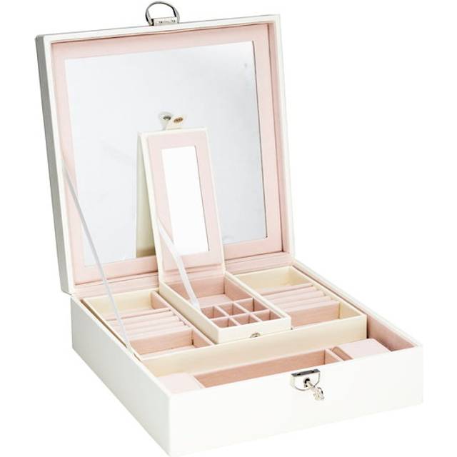 Stort cremefärgat smyckeskrin med spegel och många fack / lådor – 25×25×9 cm - Ivory