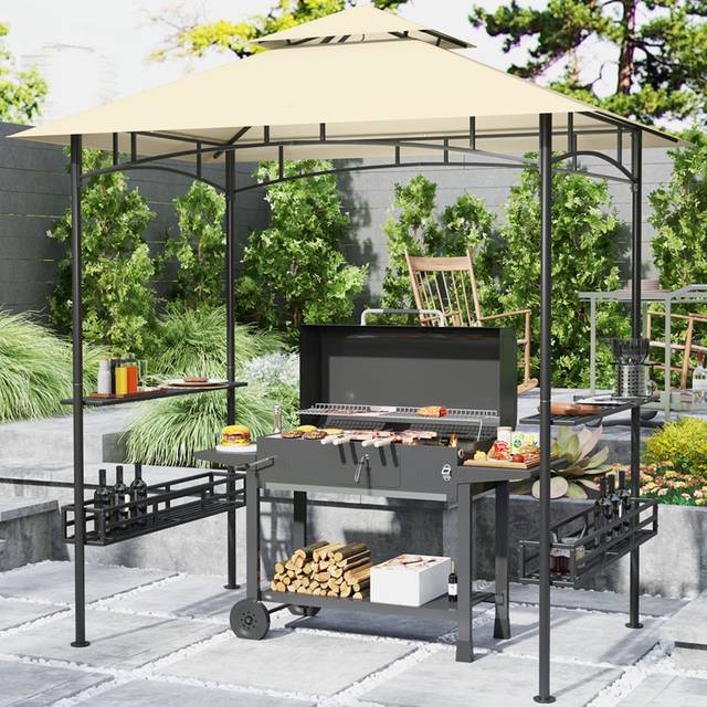 Outsunny 1.5 x 2.4m Beige Grill Canopy Gazebo with 2 Side Shelves and Hook - Cream