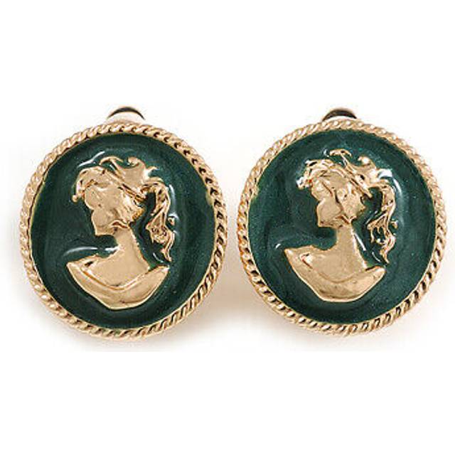 Round green enamel cameo motif clip on earrings in gold tone - 20mm d