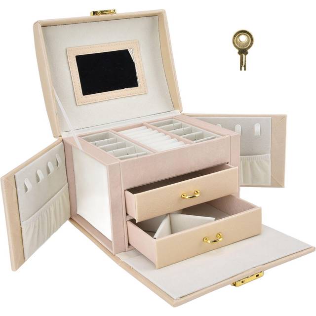 Travel Jewelry Case Portable Jewelry Storage Organizer Box with Key Dual Drawers for Rings Earrings