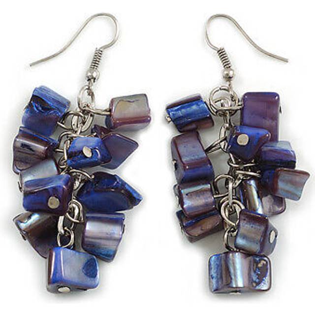 Dark blue/purple shell composite cluster dangle earrings in silver tone - 60mm l