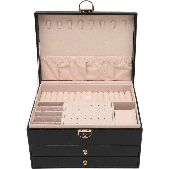PU Leather Jewelry Box Black Women Jewelry Storage Case Organizer with 2 Drawers for Necklace