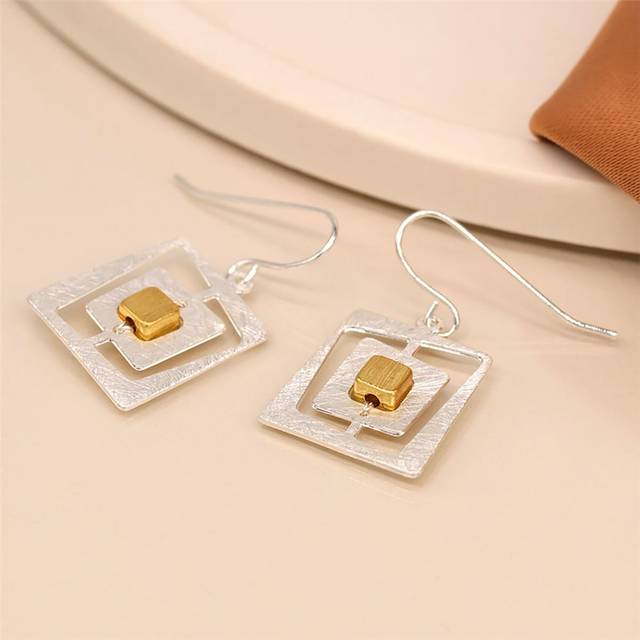 Pom Irregular Nested Square Drop Earrings Silver Plated