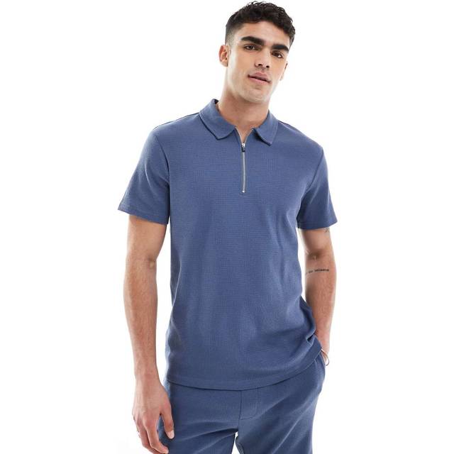 ONLY & SONS Cal Reg Structured Short Sleeve Half Zip Polo Shirt - Vintage Indigo, Vintage Indigo, Size L, Men