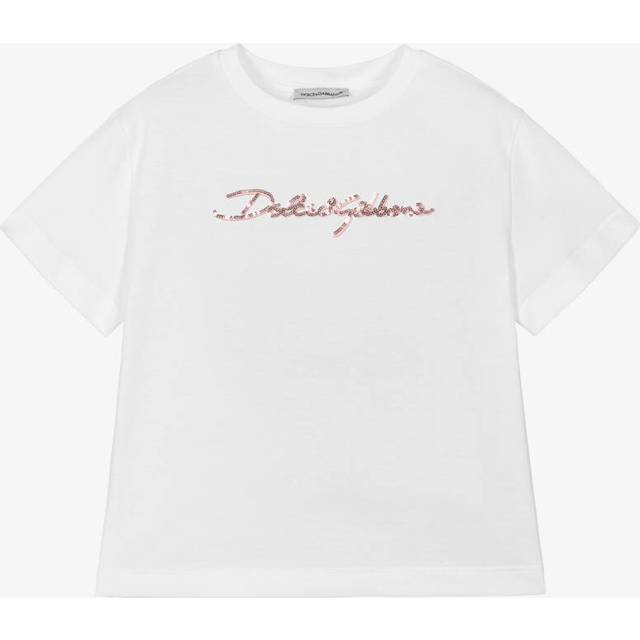 Dolce & Gabbana Girls White & Pink Sequin Logo T-Shirt - 5 year