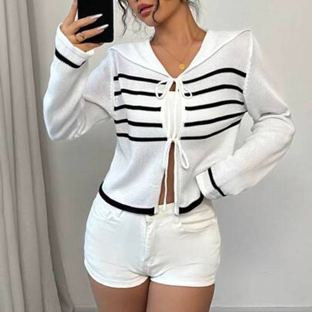 Elenzga Women Striped Long Sleeve Tie Front Cardigan, Autumn/Winter