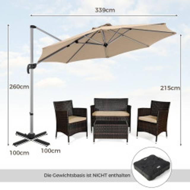 Ø 330 cm parasoll med vev & UPF 50+ & 360° roterande fribärande paraply trädgårdsparaply beige