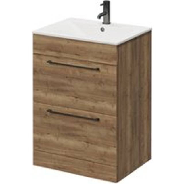 Napoli Floor Standing Vanity Unit with 1 Tap Hole Minimalist Basin and 2 Drawers with Gunmetal Grey Handles | Tobacco Oak | MDF | 600mm