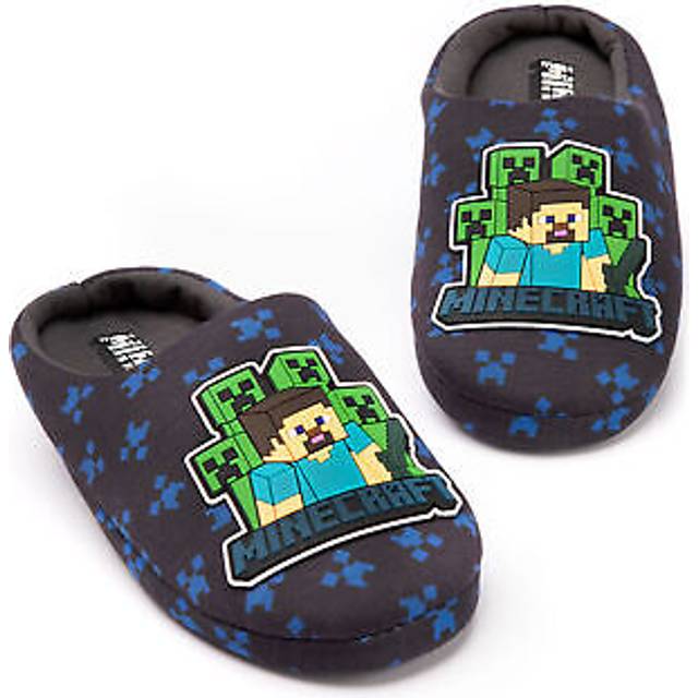 (navy, 1 UK) Minecraft Slippers Boys Kids Blue Creeper vs Zombie House Shoes