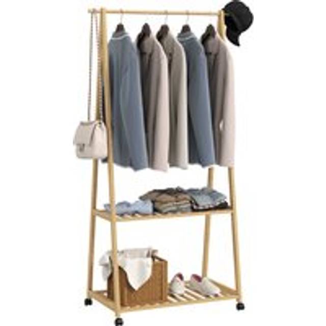 HOMCOM Bamboo Clothes Rack, with Shelves and Hooks - Natural Finish
