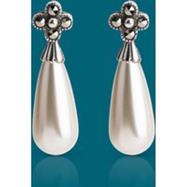 John Greed Signature Silver Marcasite & Large Long Pearl Flower Earrings For Women - silver