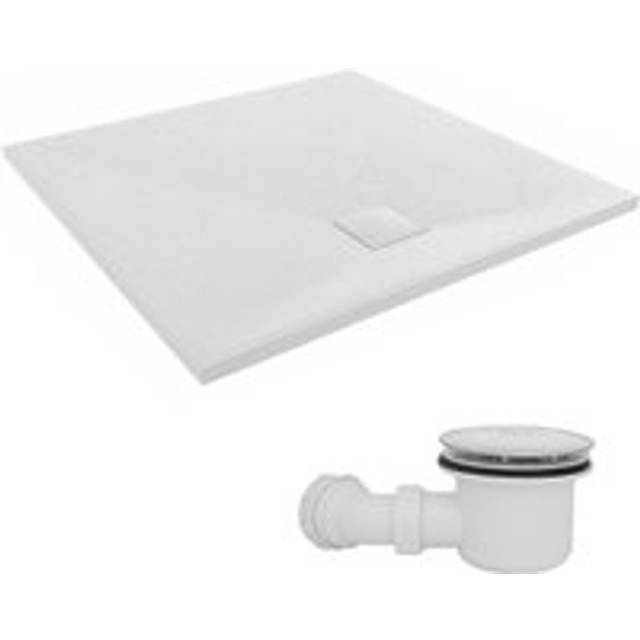 NRG - 900 x 900mm smc White Square Slate Effect Bathroom Shower Tray & Fluidmaster Fast Flow Waste Trap