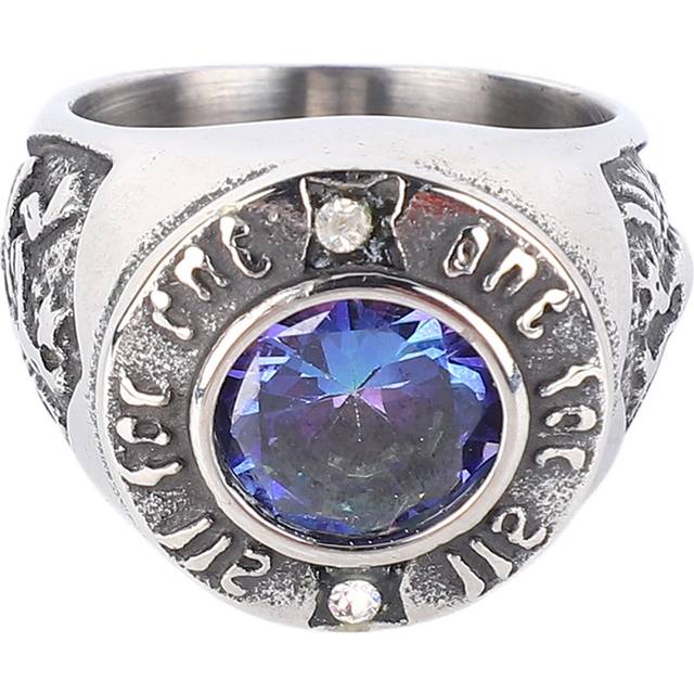 Men Vintage Stone Signet Ring Alphabet Engraved Hypoallergenic Titanium Band Ring Blue Size 7