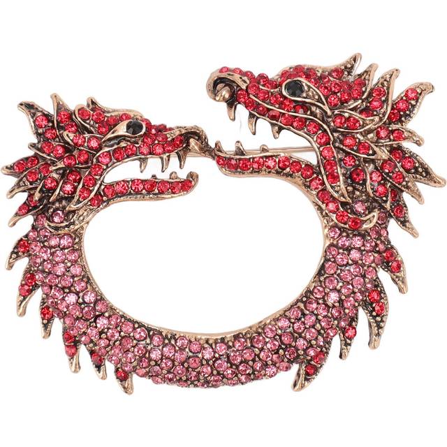 Zodiac Chinese Dragon Brooch Pin Dual Heads Sparkling Antique Chinese Dragon Brooch for Men Women rose gold