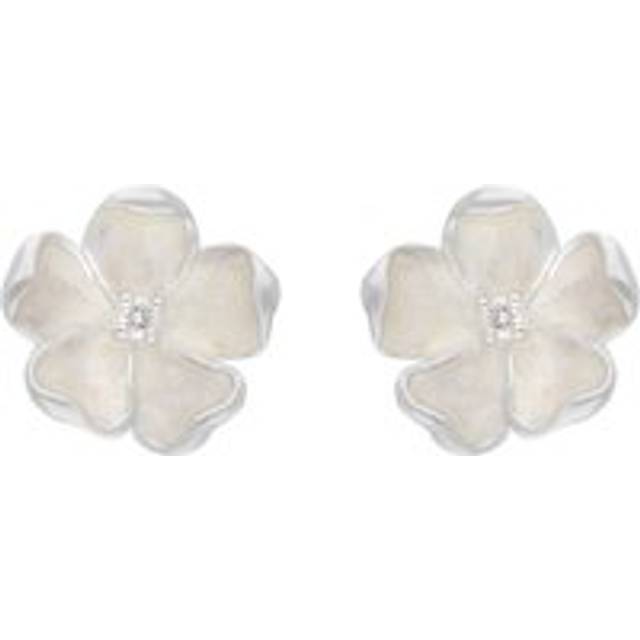 Sterling Silver White Enamel Diamond Flower Studs Earrings