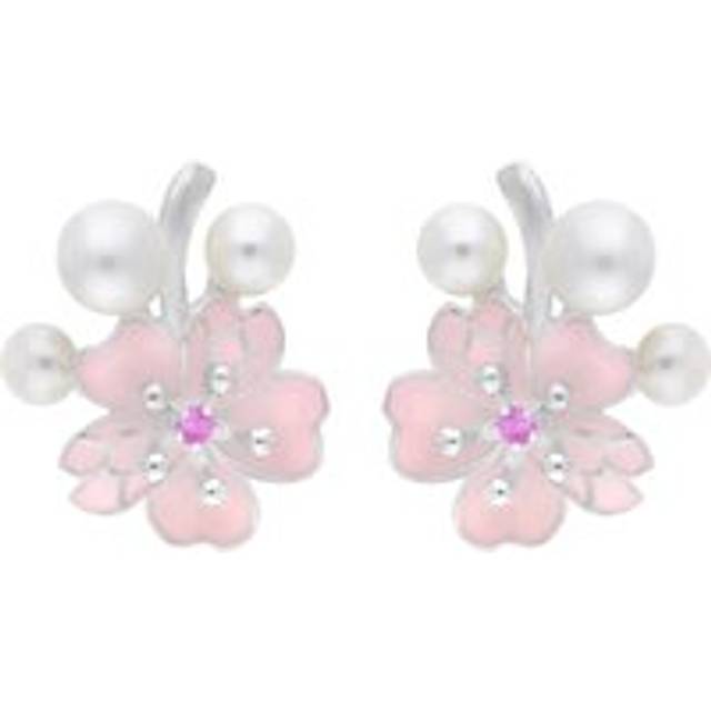 Sterling Silver Pearl and Pink Sapphire Cherry Blossom Stud Earrings
