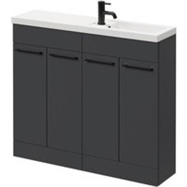 Napoli Combination Floor Standing Vanity Unit with Slimline 1 Tap Hole Basin and 4 Doors with Matt Black Handles | Gloss Grey | MDP | 1000mm