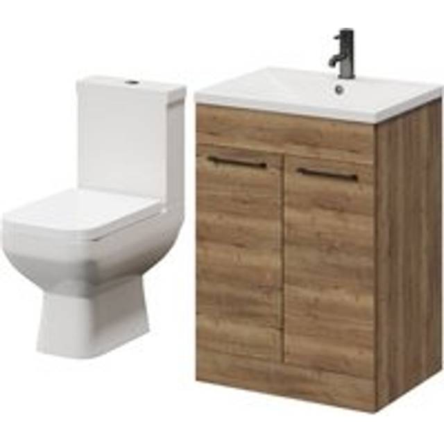 Wholesale Domestic Turin Floor Standing Vanity Unit and Toilet Suite with 1 Tap Hole Glide Basin and 2 Doors with Gunmetal Grey Handles | Tobacco Oak | ABS Polished Chrome | 600mm