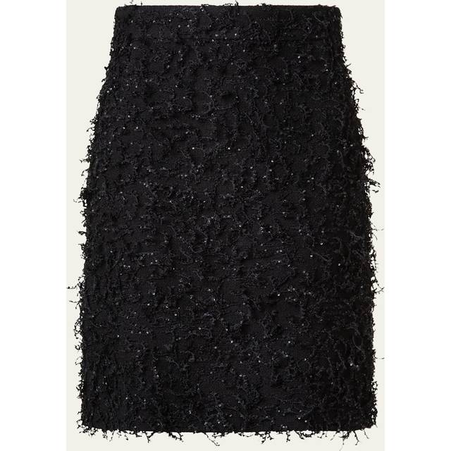 Short Sequined Fringe Boucle Skirt - BLACK - 12