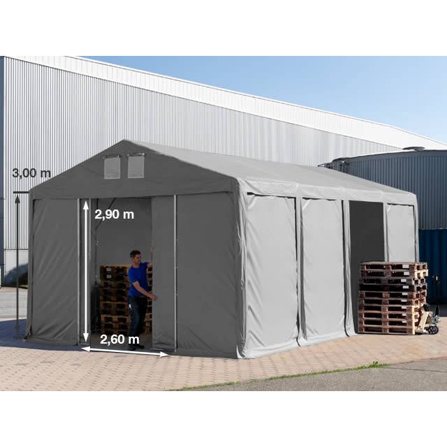 TOOLPORT 6x8m 3.0m Sides Storage Tent / Shelter w. ground frame and pull-up gate, PVC 850, grey with statics package (soft ground anchors) - (93794)