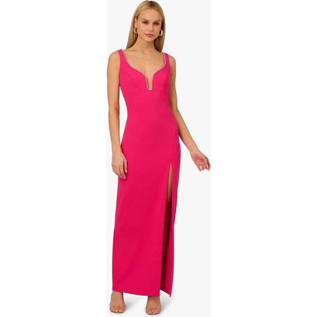 Sleeveless Beaded Plunge Neck Gown In Geranium - 10