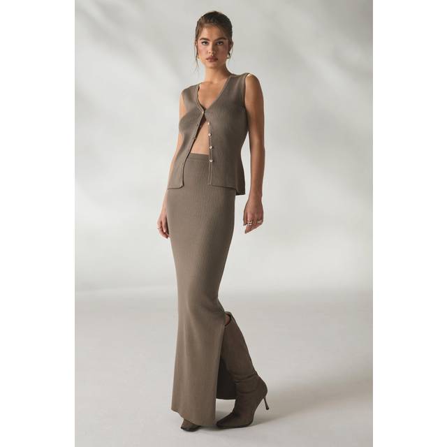Womens Premium Rib Knitted Longline Waistcoat and Maxi Skirt Set - Beige - S