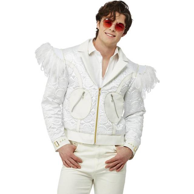 (L, White) Elton John Mens Feather Costume Jacket