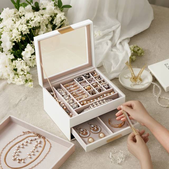 Jewellery Box with Glass Lid, 3-Layer Jewellery Organiser with 2 Drawers, Jewellery Storage, White / 3-Layer