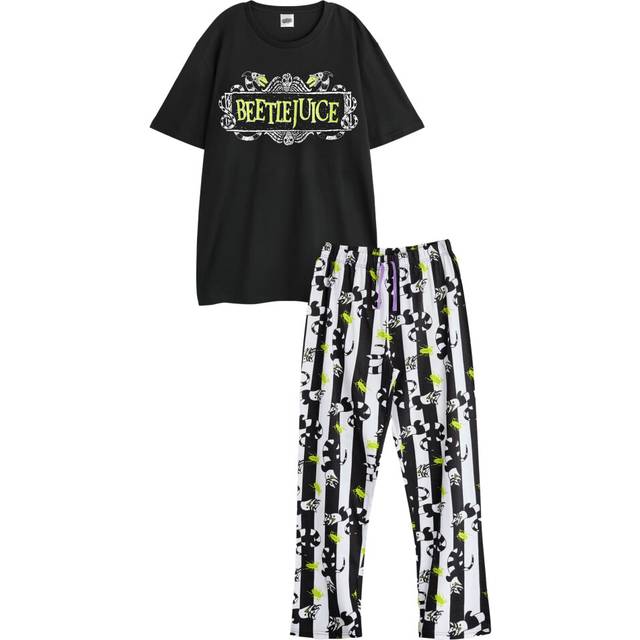 (L R, Black) Beetlejuice Mens Logo Short-Sleeved Long Pyjama Set