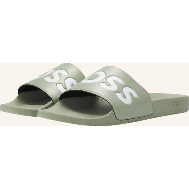 Men's BOSS Orange Aryeh Mens Italian-Made Slides With Large Logo Detail - Tan - Size: 8